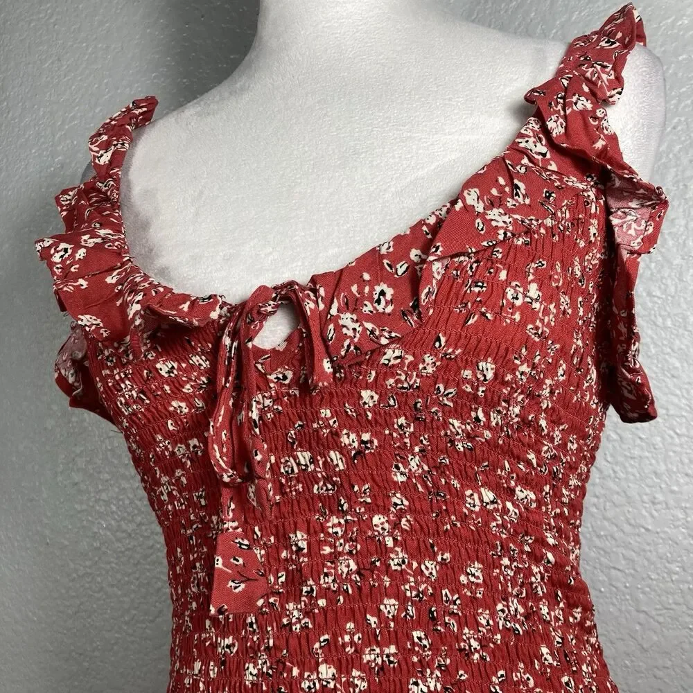 Y2K Smocked Mini Sun Dress XS Ruffle Strap Bodycon Red Cottage Boho Country
